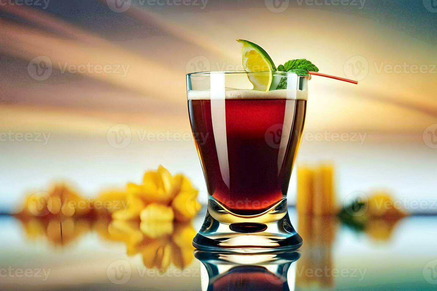 a glass of red drink with a lime slice. AI-Generated photo