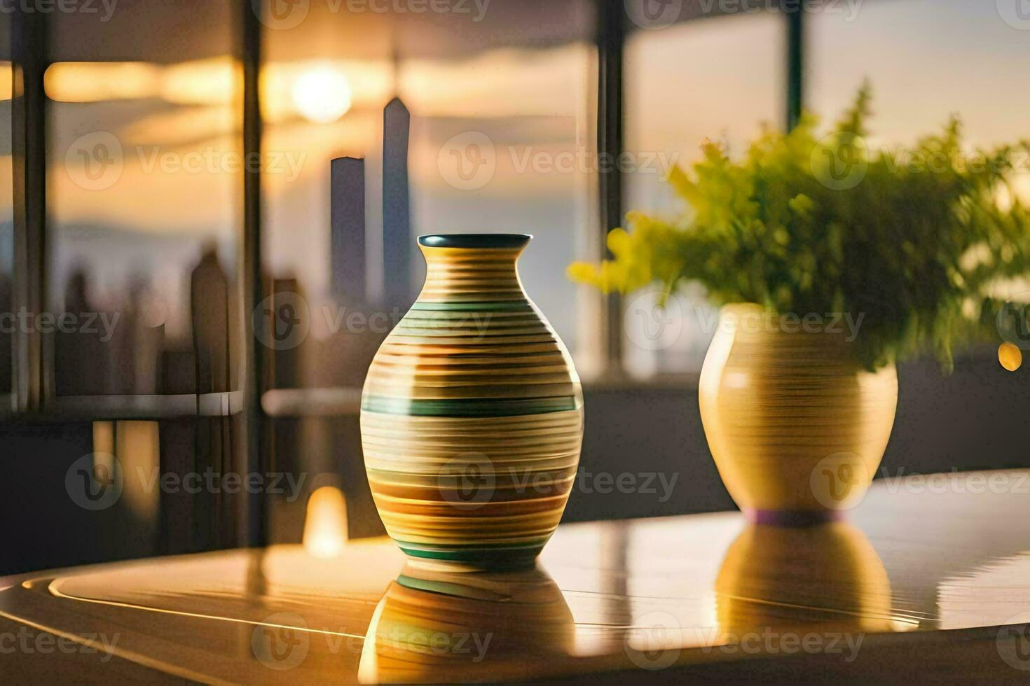 two vases sitting on a table with a city view. AI-Generated photo