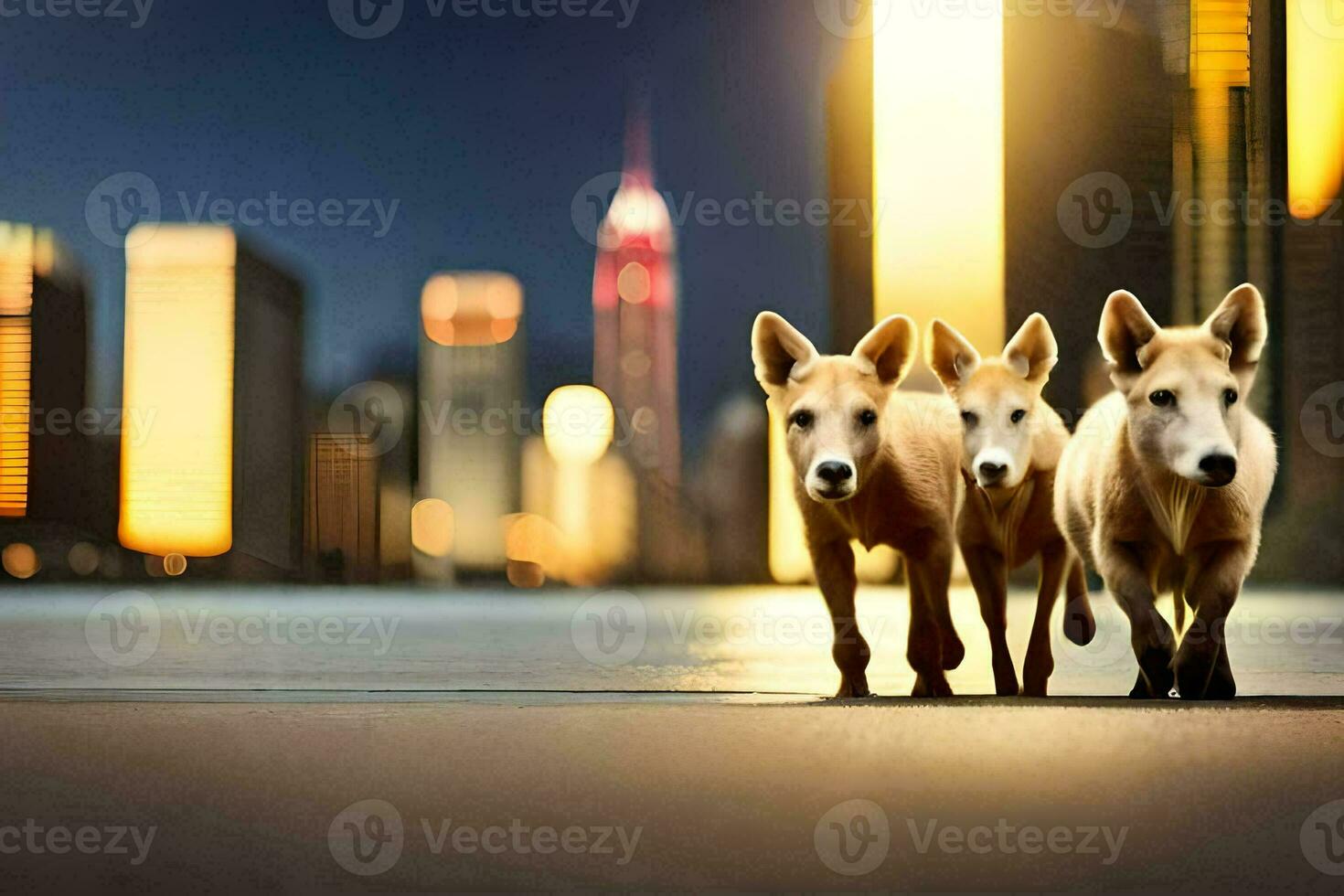 three dogs walking in front of a city skyline. AI-Generated photo