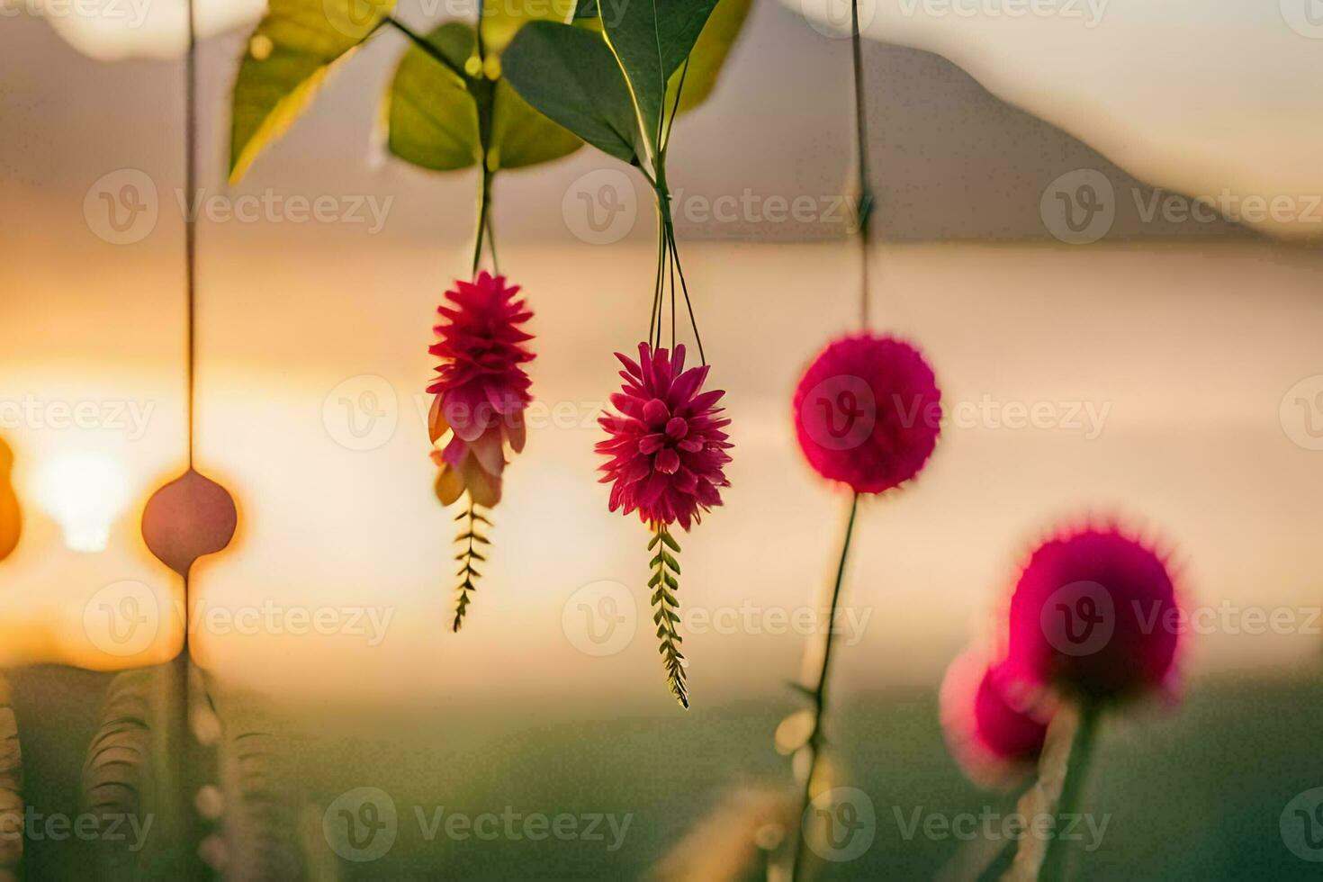 flores colgando desde un vino a puesta de sol. generado por ai foto