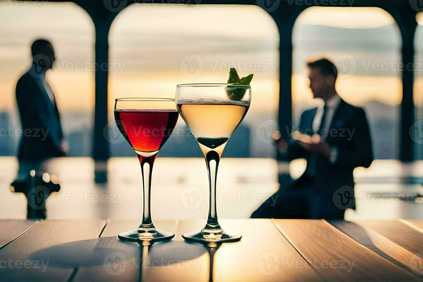 two glasses of wine on a table with a man in a suit. AI-Generated photo