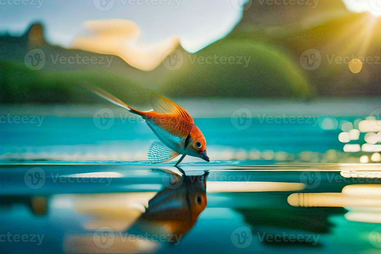 un pescado es en pie en el agua con el Dom en el antecedentes. generado por ai foto