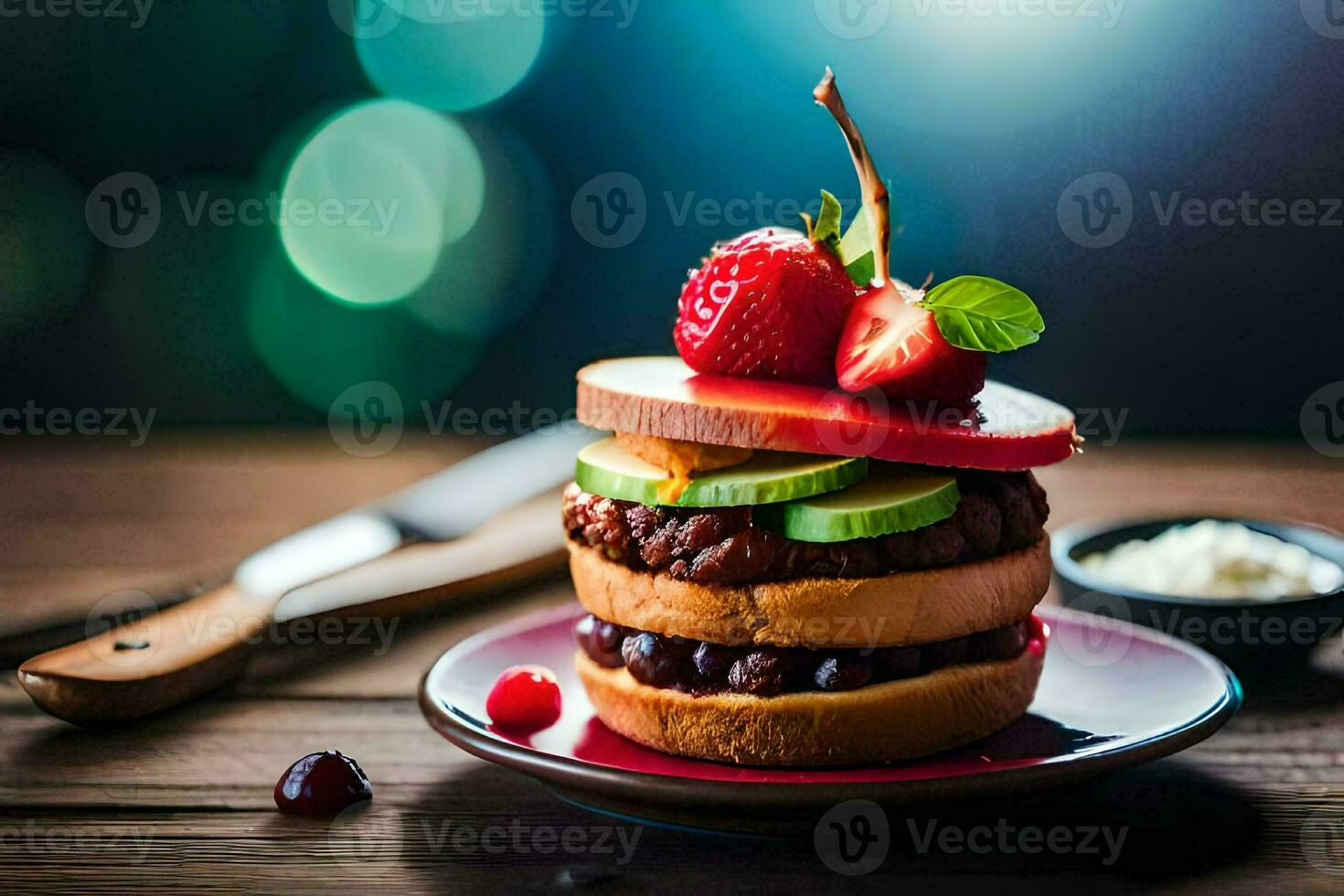 a hamburger with strawberries and avocado on top. AI-Generated photo