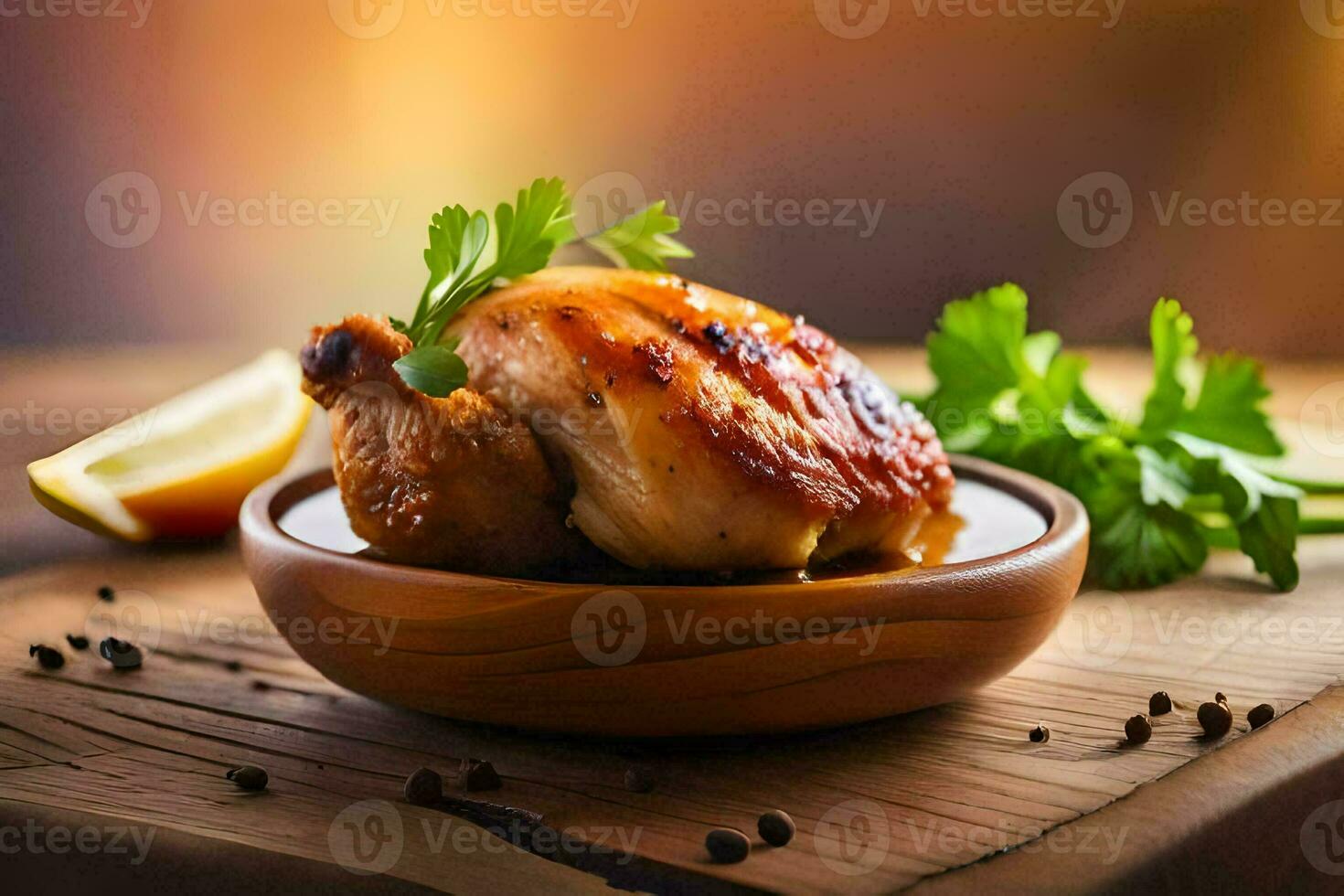 pollo en un de madera cuenco con hierbas y limón. generado por ai foto