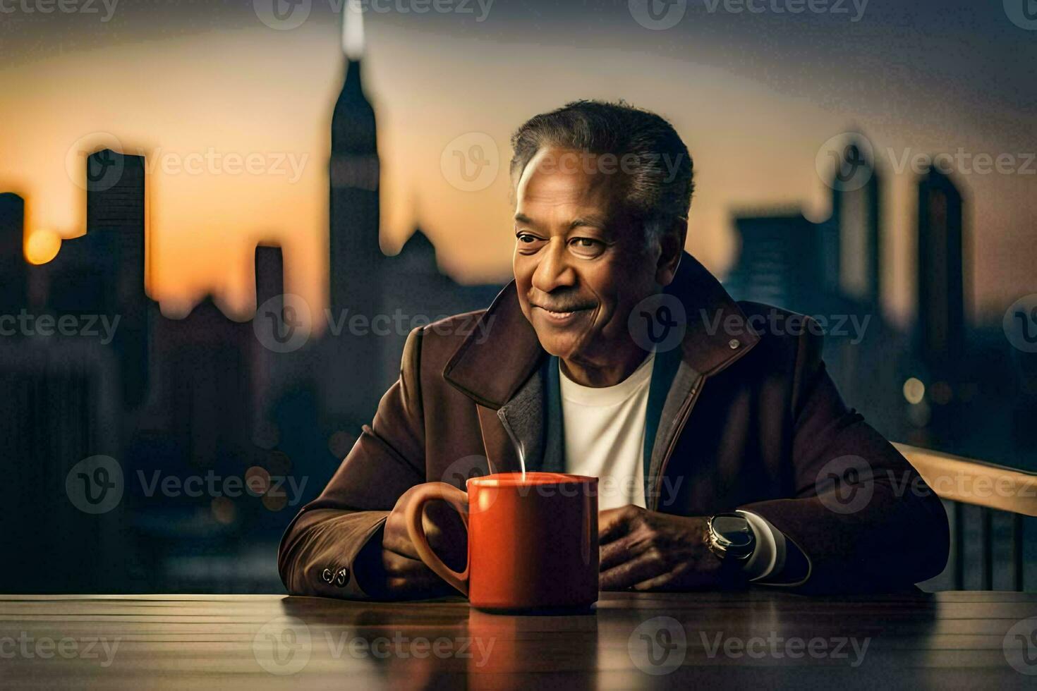 an older man sitting at a table with a coffee cup. AI-Generated photo