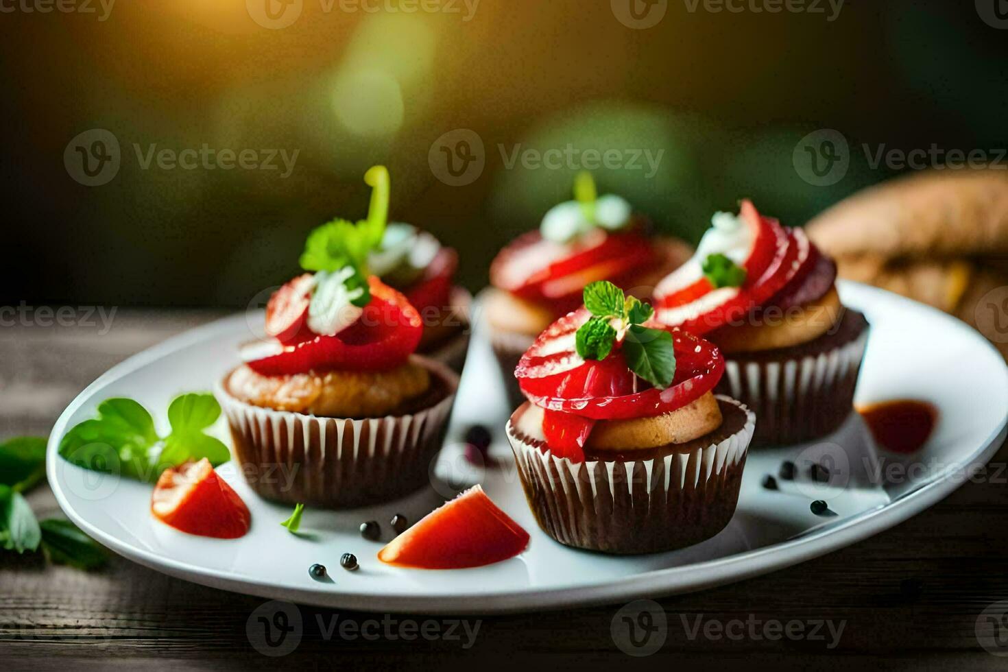 cupcakes with strawberries and cream on a plate. AI-Generated photo