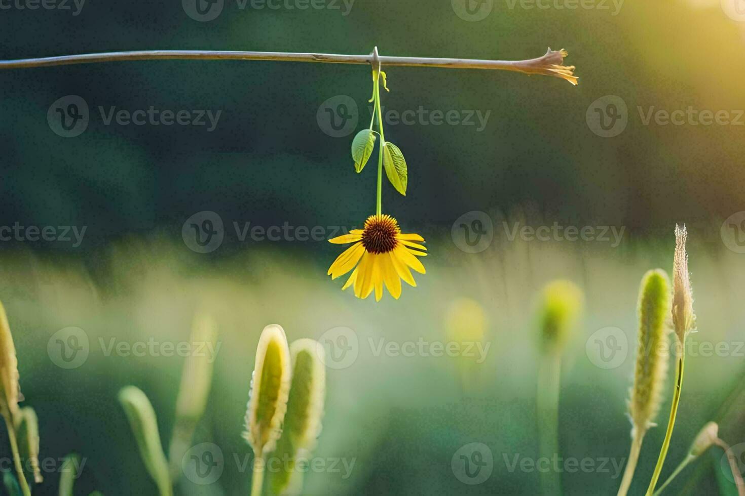 a single yellow flower hangs from a branch in the grass. AI-Generated photo