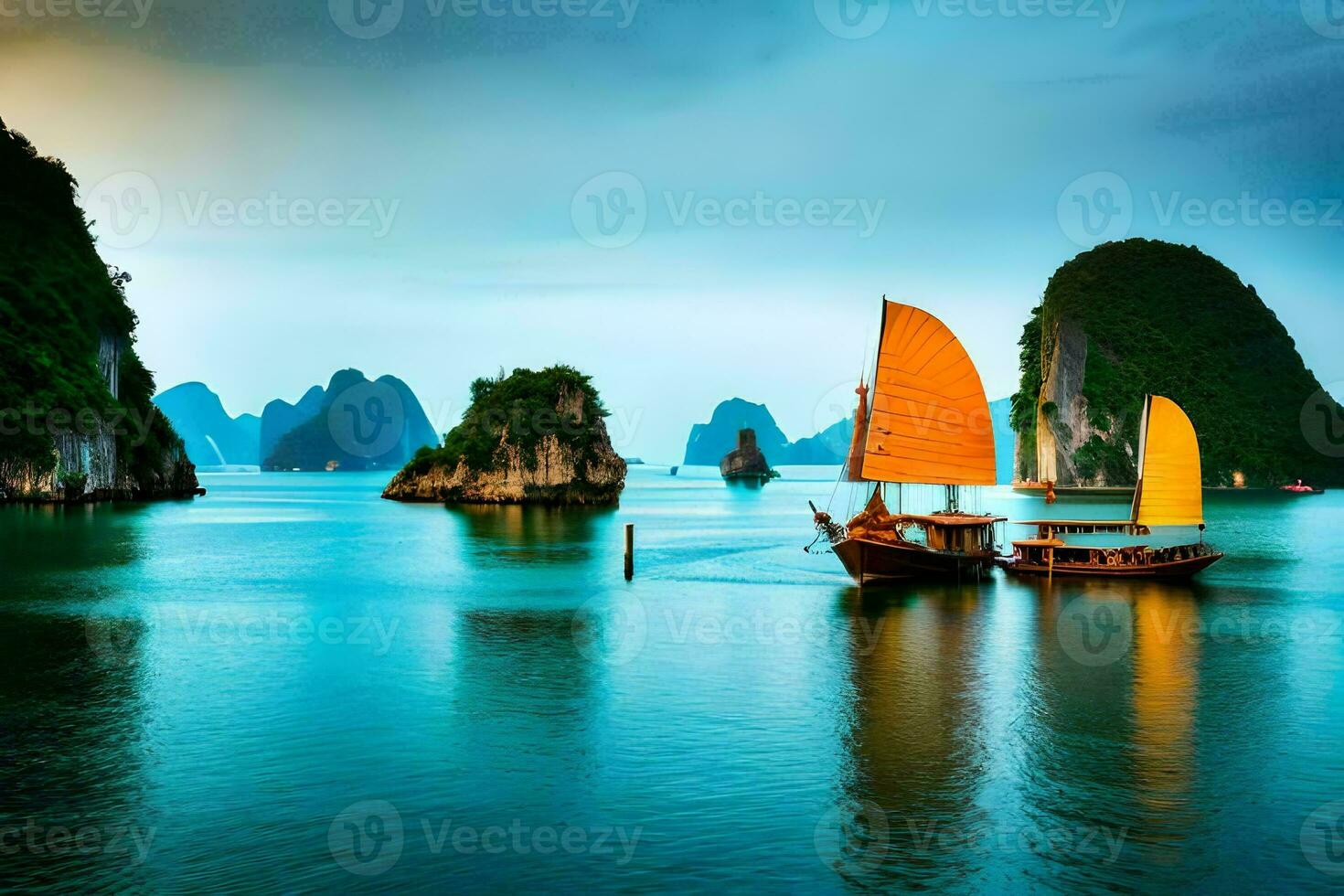 dos barcos en el agua con montañas en el antecedentes. generado por ai foto