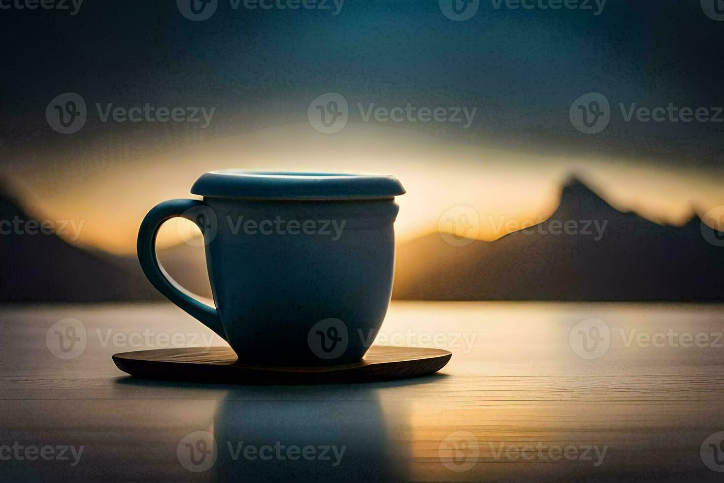 coffee mug, sunset, mountains, mountains, mountains, mountains, mountains, mountains, mountains. AI-Generated photo