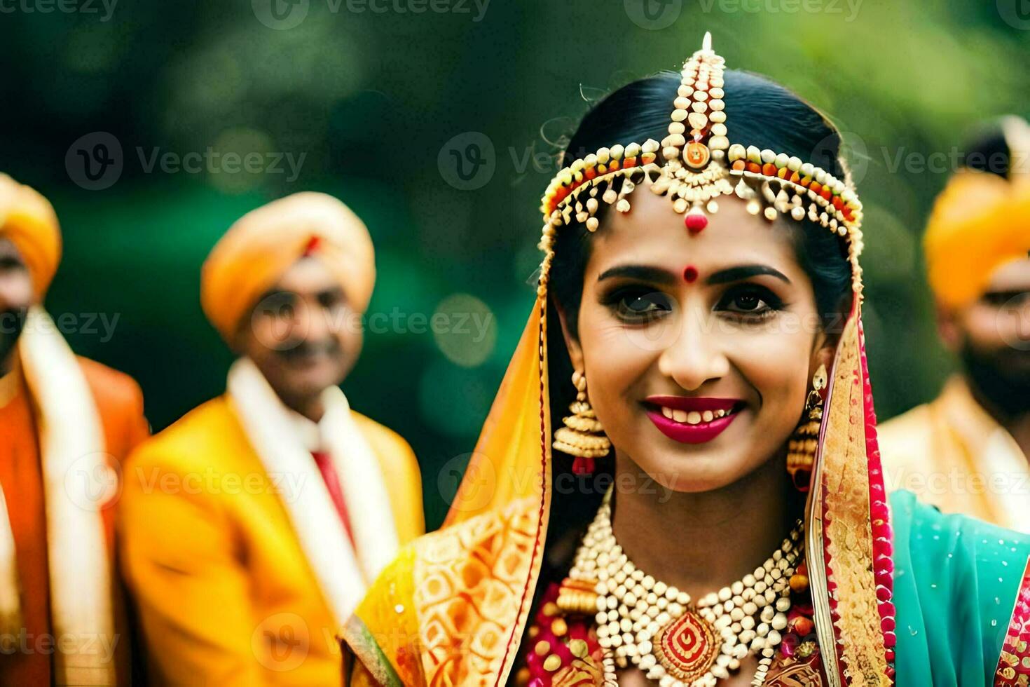 a beautiful indian bride smiling in front of her wedding party. AI-Generated photo