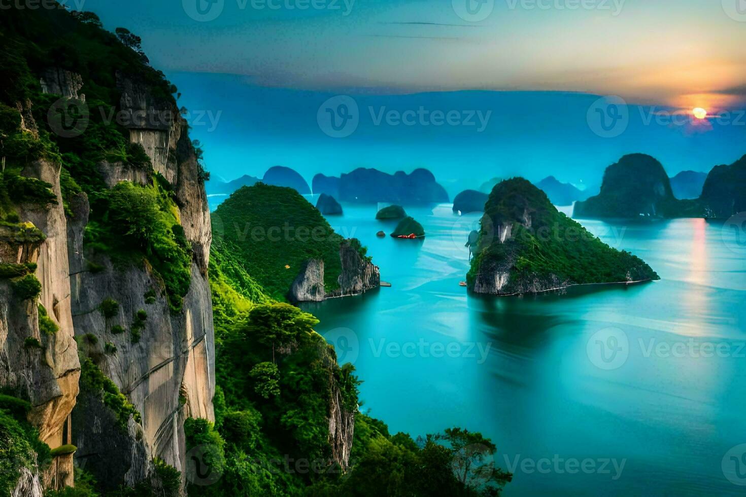 the sun rises over the mountains in halong bay. AI-Generated photo