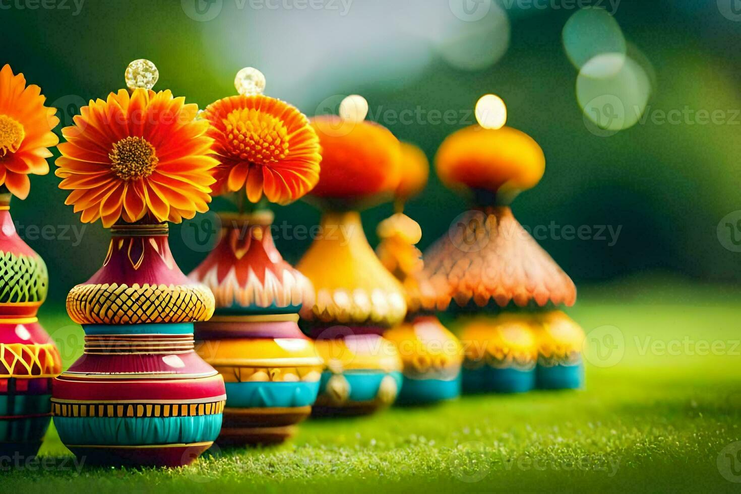 colorful vases with flowers in the grass. AI-Generated photo