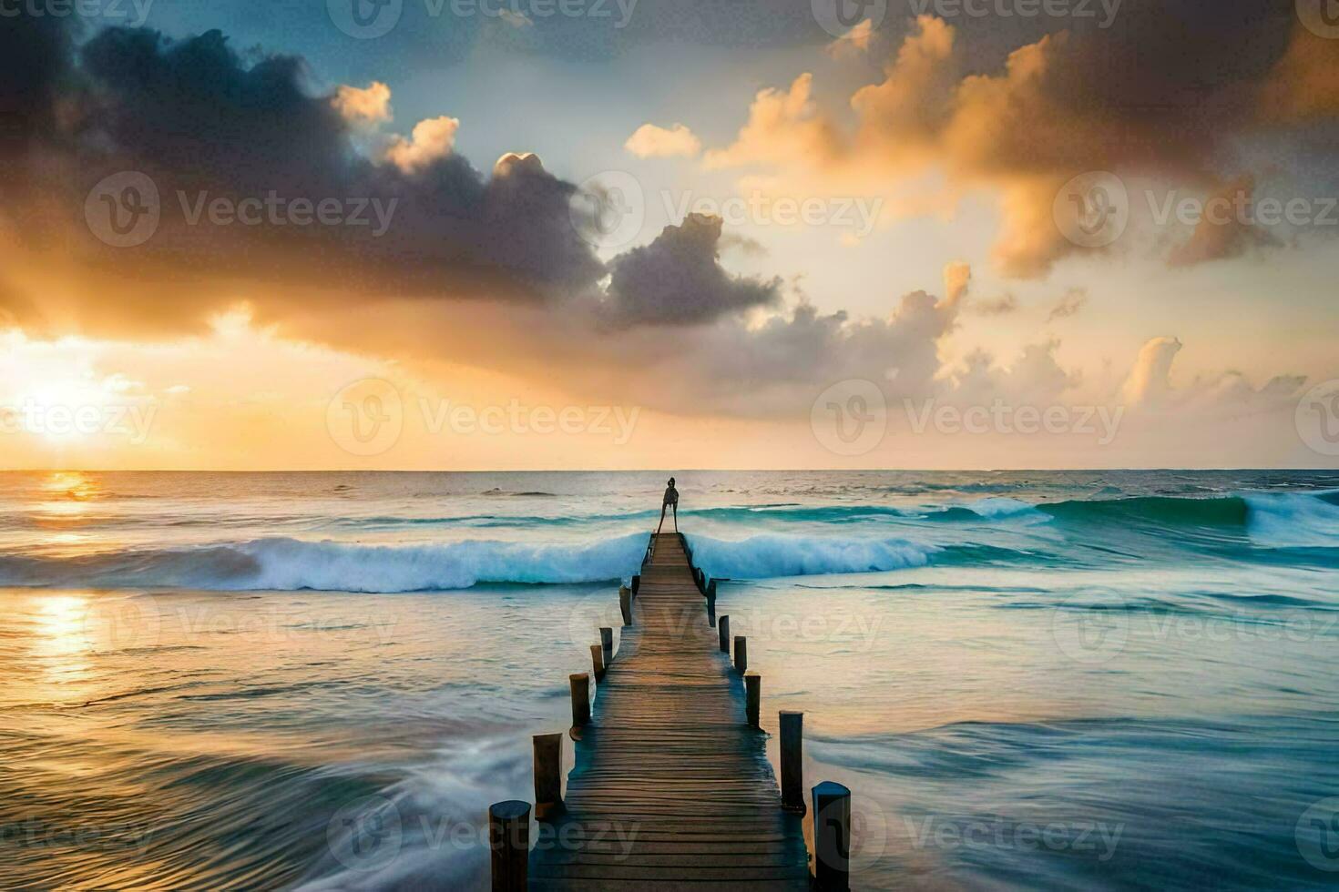 a wooden pier stretches out into the ocean at sunset. AI-Generated photo