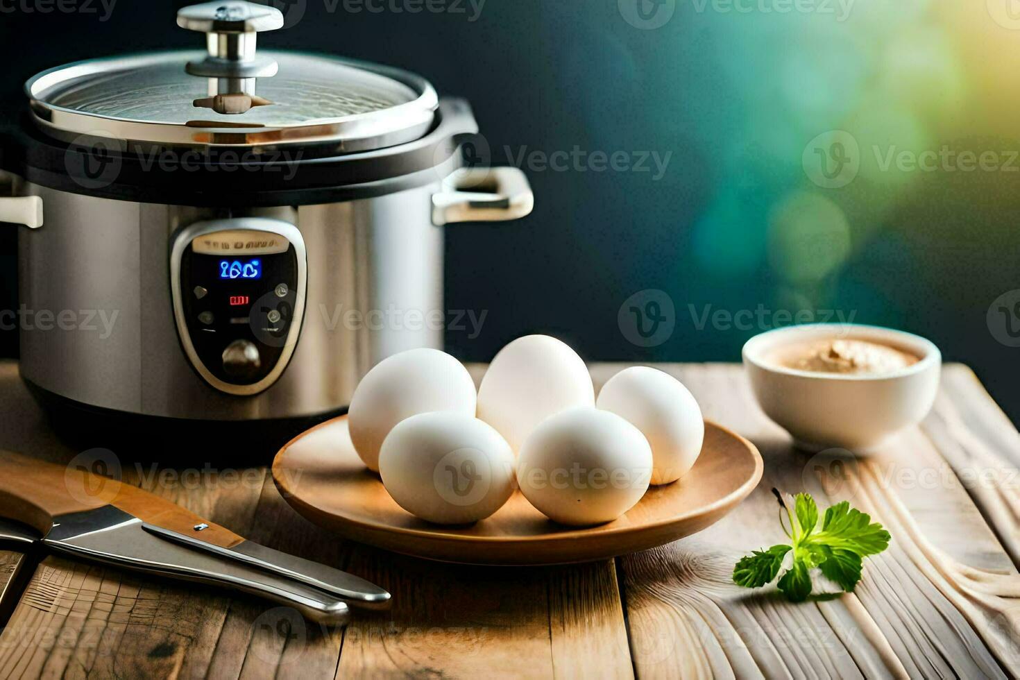an electric pressure cooker with eggs and a knife. AIGenerated