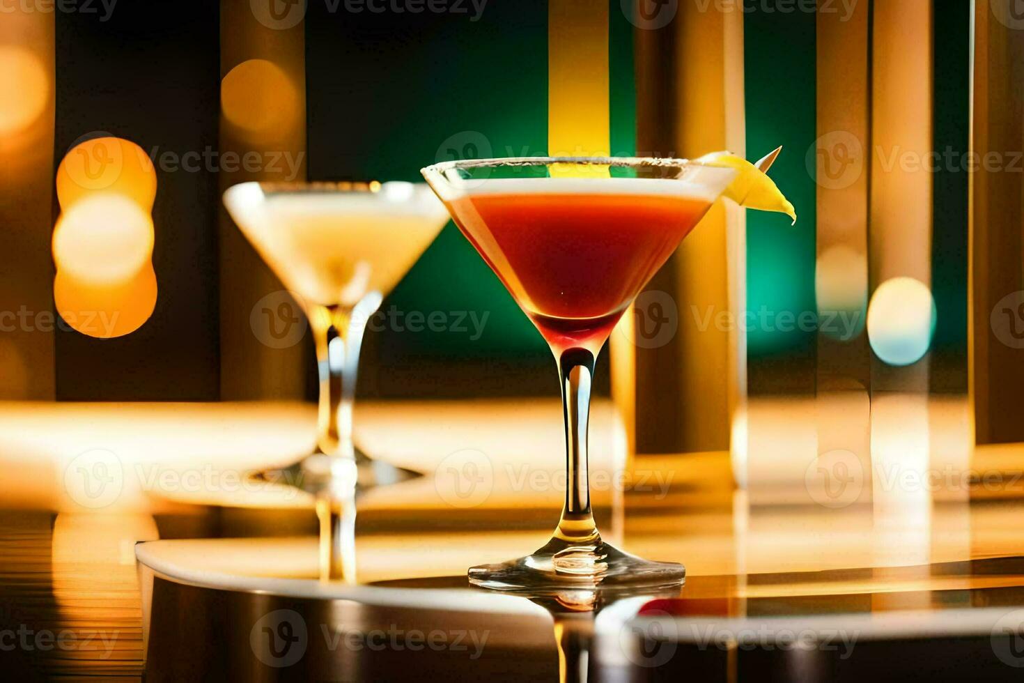 two cocktails sit on a table in front of a bright light. AI-Generated photo