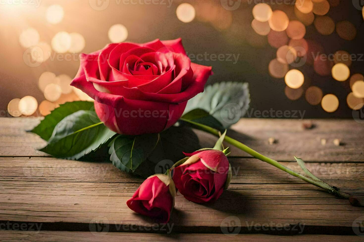 two red roses on a wooden table with bokeh lights. AI-Generated photo