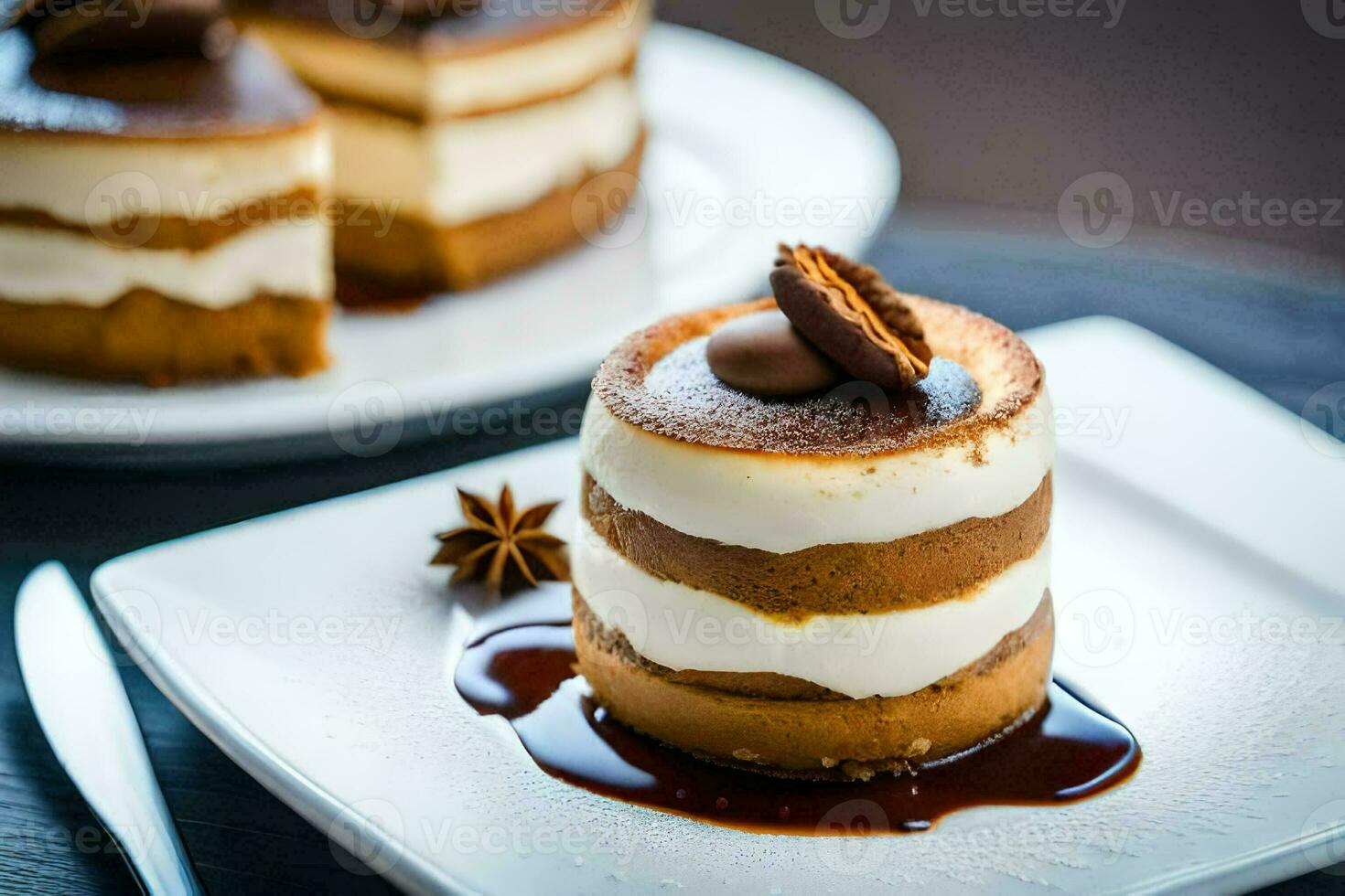 a dessert on a plate with a slice missing. AI-Generated photo