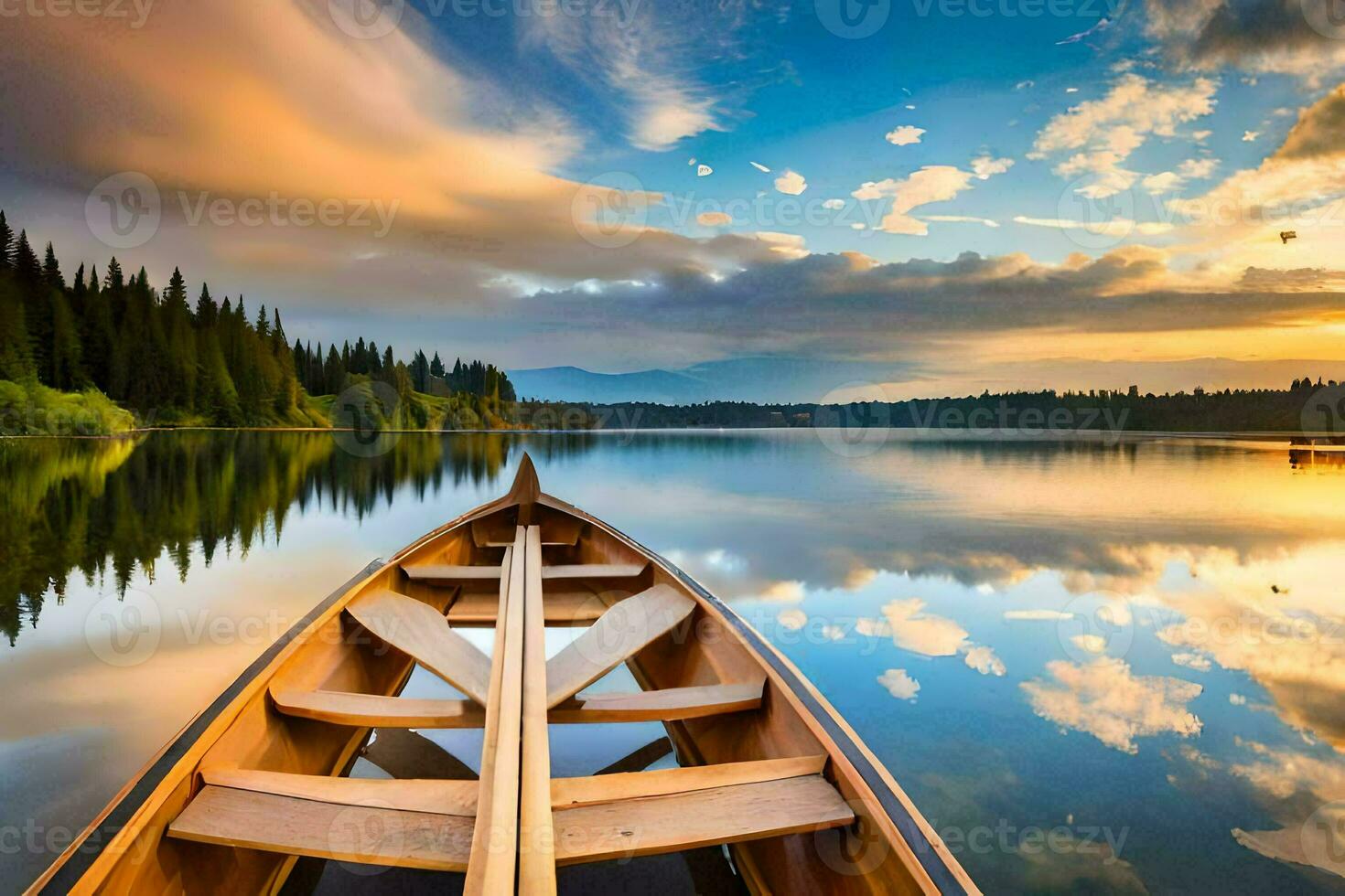 a canoe is seen in the middle of a lake at sunset. AI-Generated photo