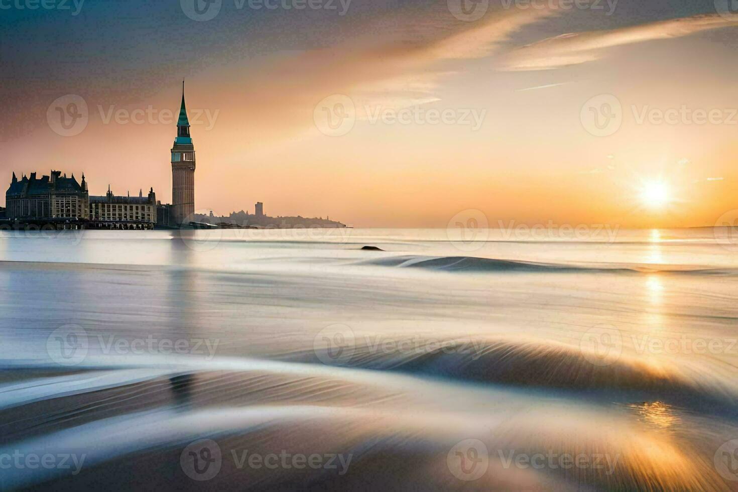 amanecer terminado el mar y un Iglesia torre. generado por ai foto