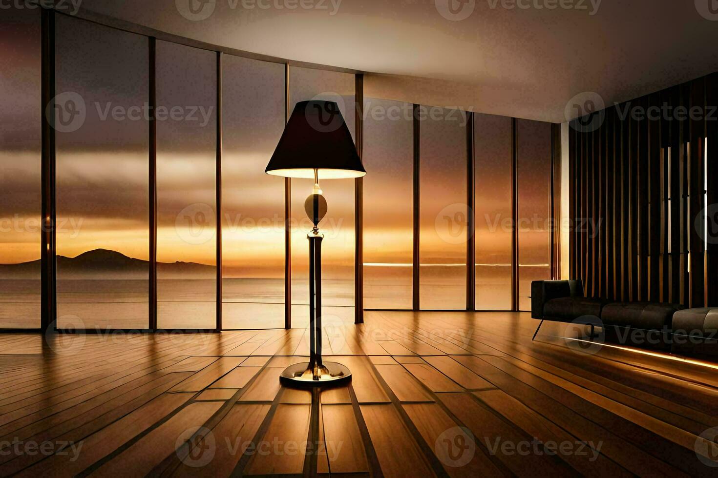 a lamp is sitting on a wooden floor in front of a large window. AI-Generated photo