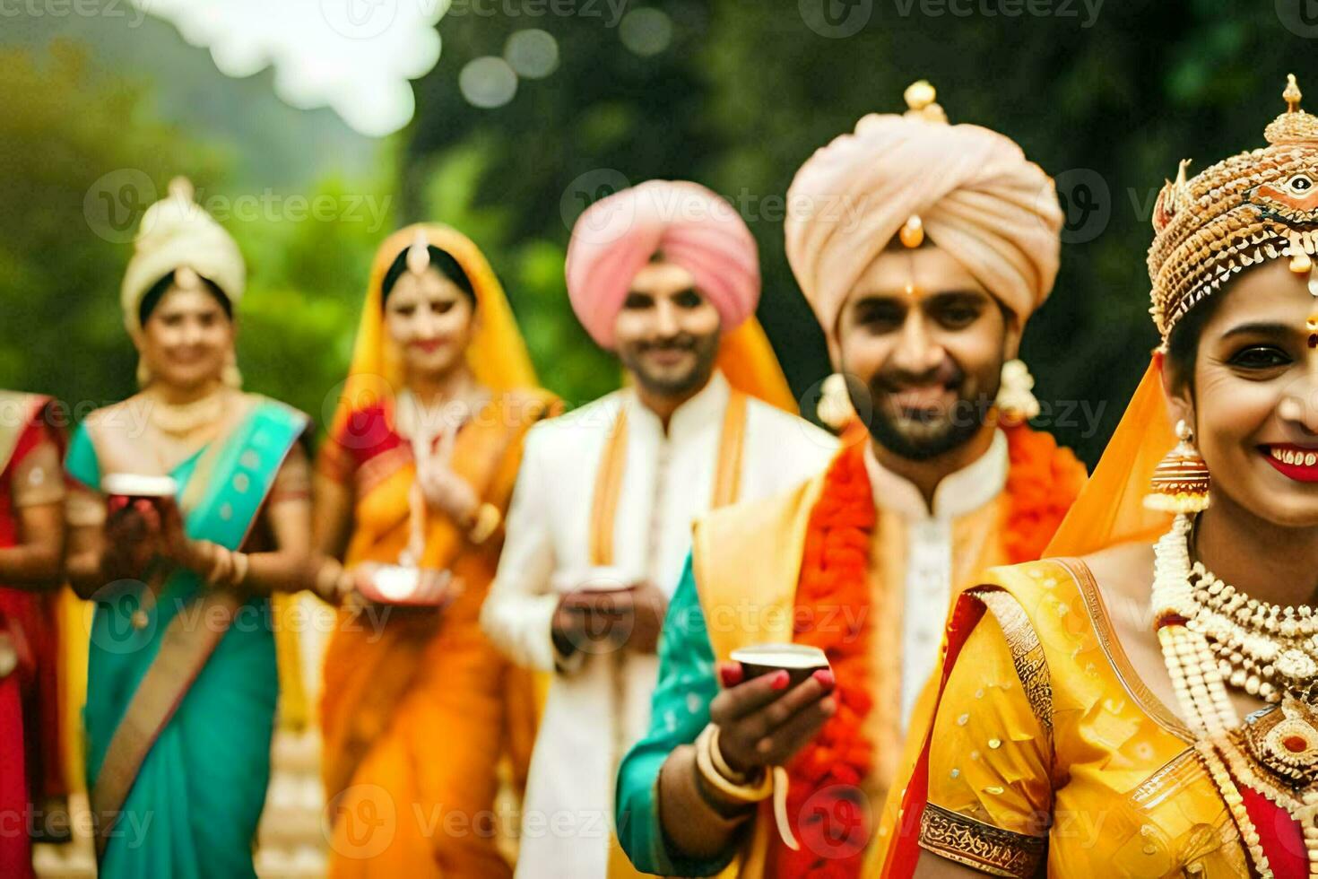 indian wedding party with bride and groom. AI-Generated photo