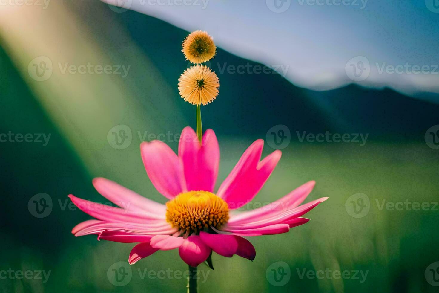 a pink flower with a yellow center in front of a green field. AI-Generated photo