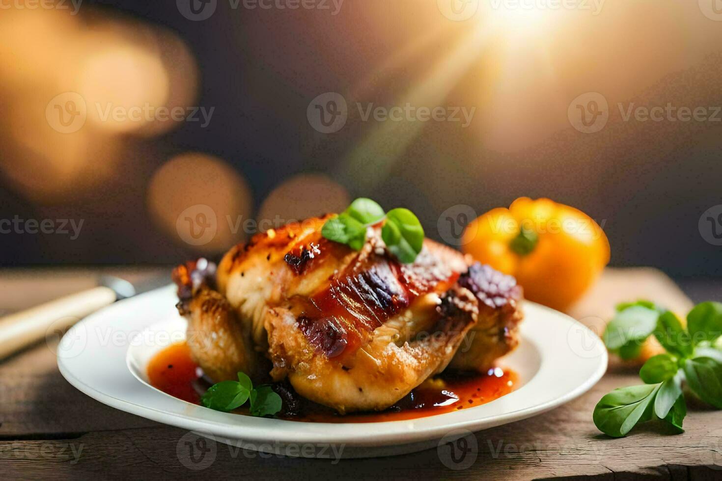 pollo en un plato con salsa y vegetales. generado por ai foto