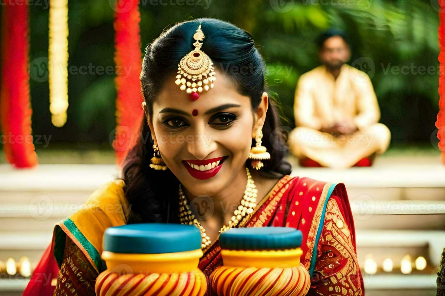 a beautiful indian bride holding a pot. AI-Generated photo