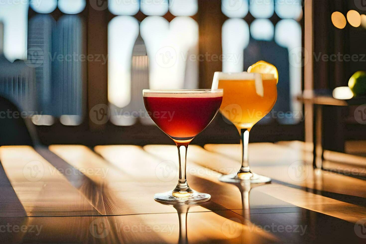 two cocktails sit on a table in front of a cityscape. AI-Generated photo