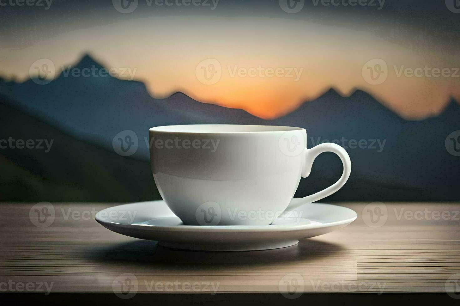 a cup of coffee on a table with mountains in the background. AI-Generated photo