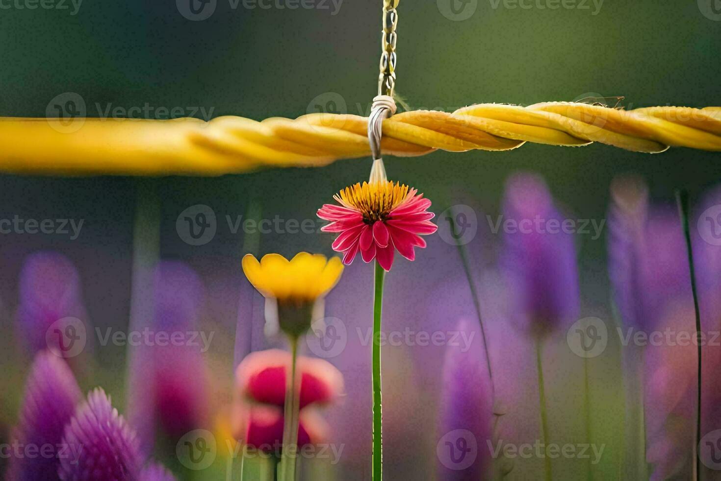 un amarillo cuerda con un flor en él. generado por ai foto