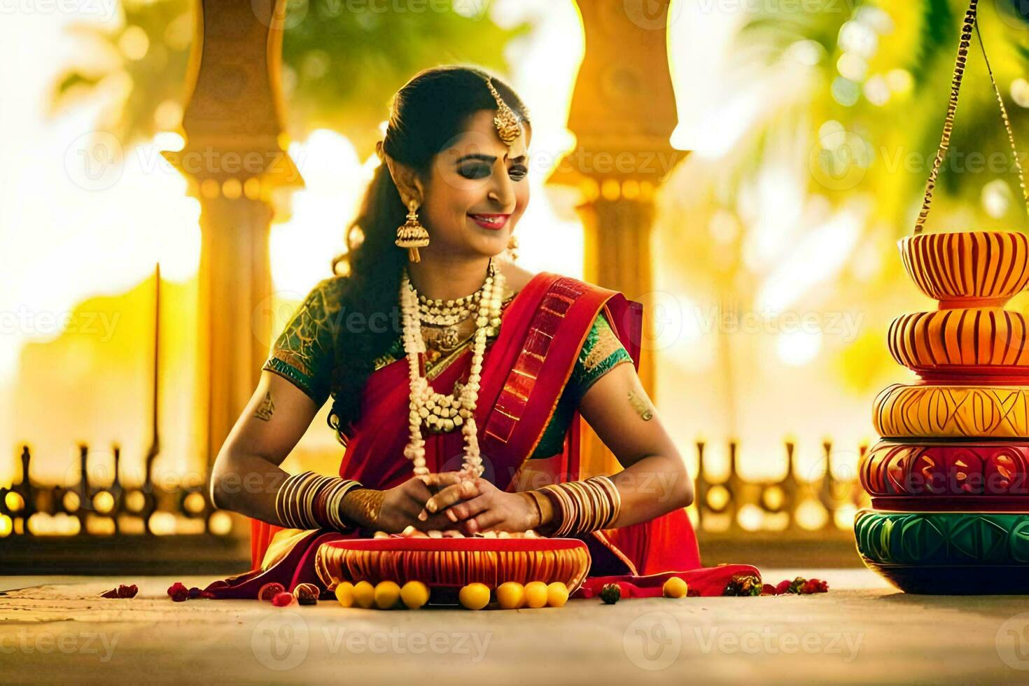 a beautiful woman in traditional indian attire sitting on the floor. AI-Generated photo
