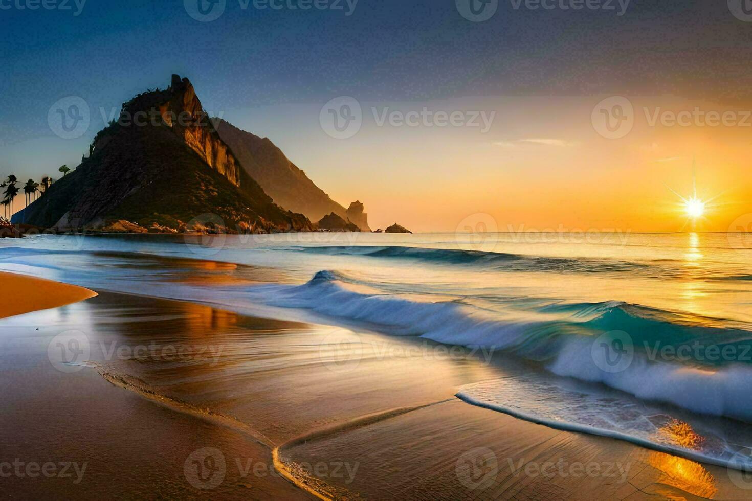 the sun rises over the ocean and the waves crash on the beach. AI-Generated photo