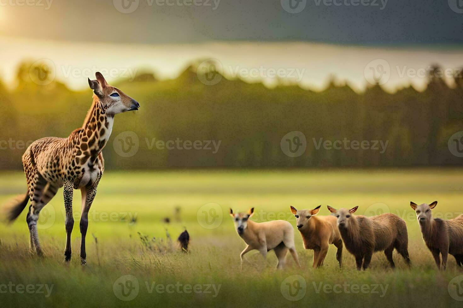 a giraffe and some animals in a field. AI-Generated photo