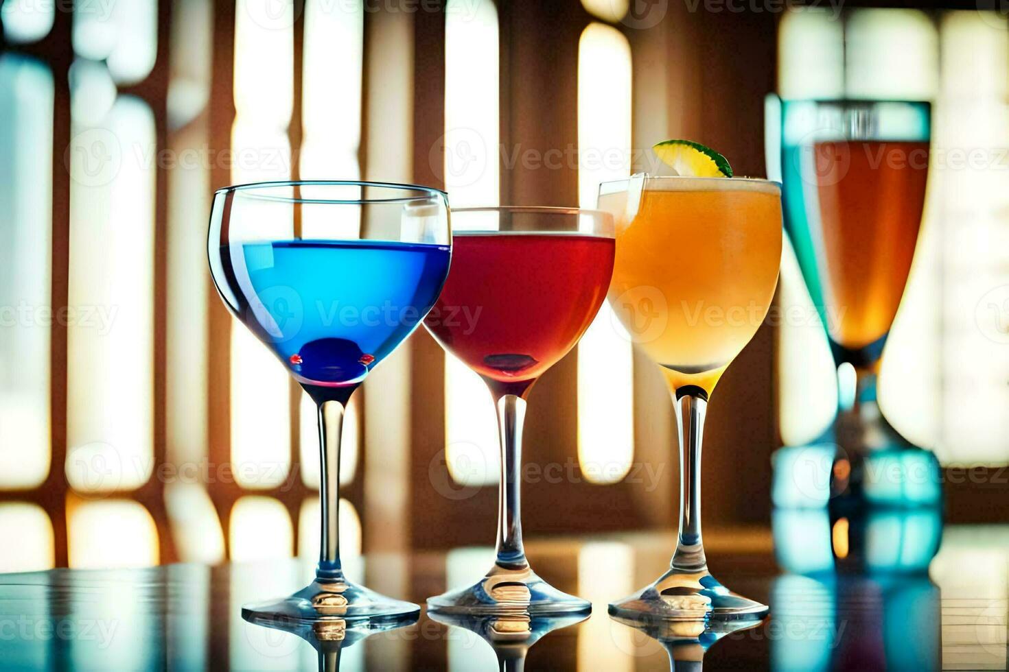 three different colored drinks are lined up on a table. AI-Generated photo