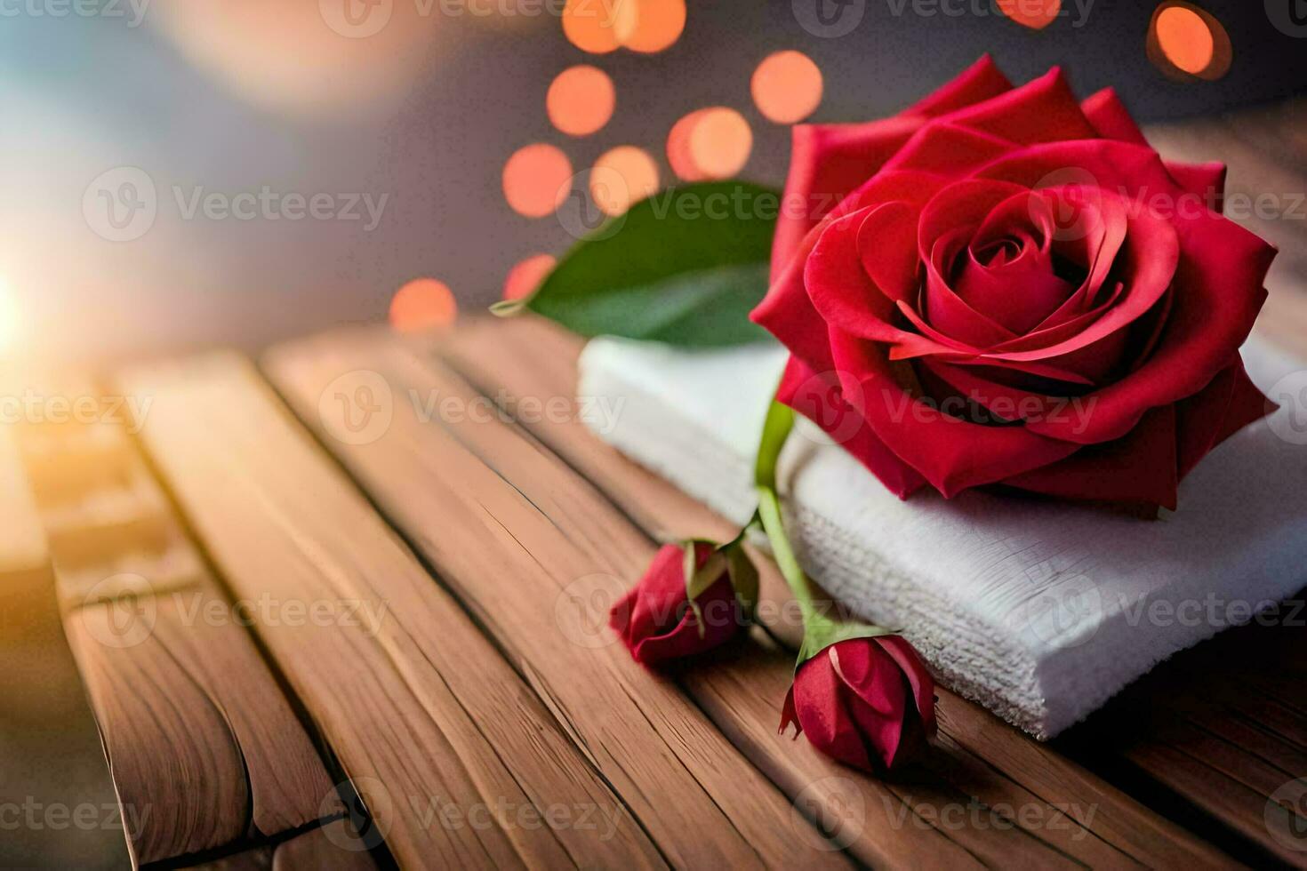 a rose is placed on a wooden table with a red rose in the center. AI-Generated photo