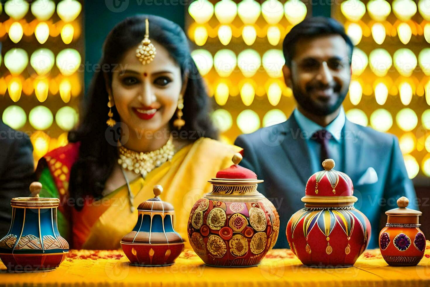 a couple posing with colorful pots and vases. AI-Generated photo