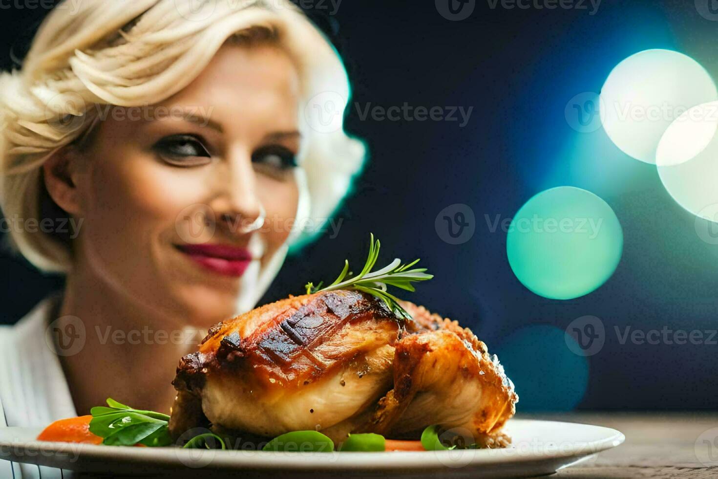 un mujer es mirando a un plato de alimento. generado por ai foto