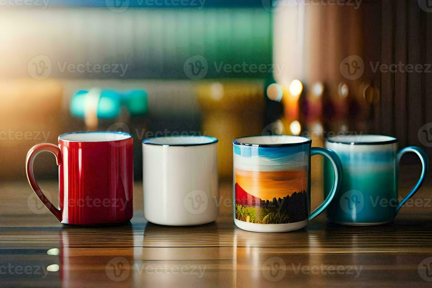 three coffee mugs lined up on a wooden table. AI-Generated photo