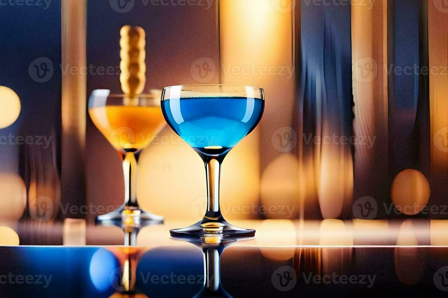 two glasses of blue and yellow liquid sitting on a table. AI-Generated photo