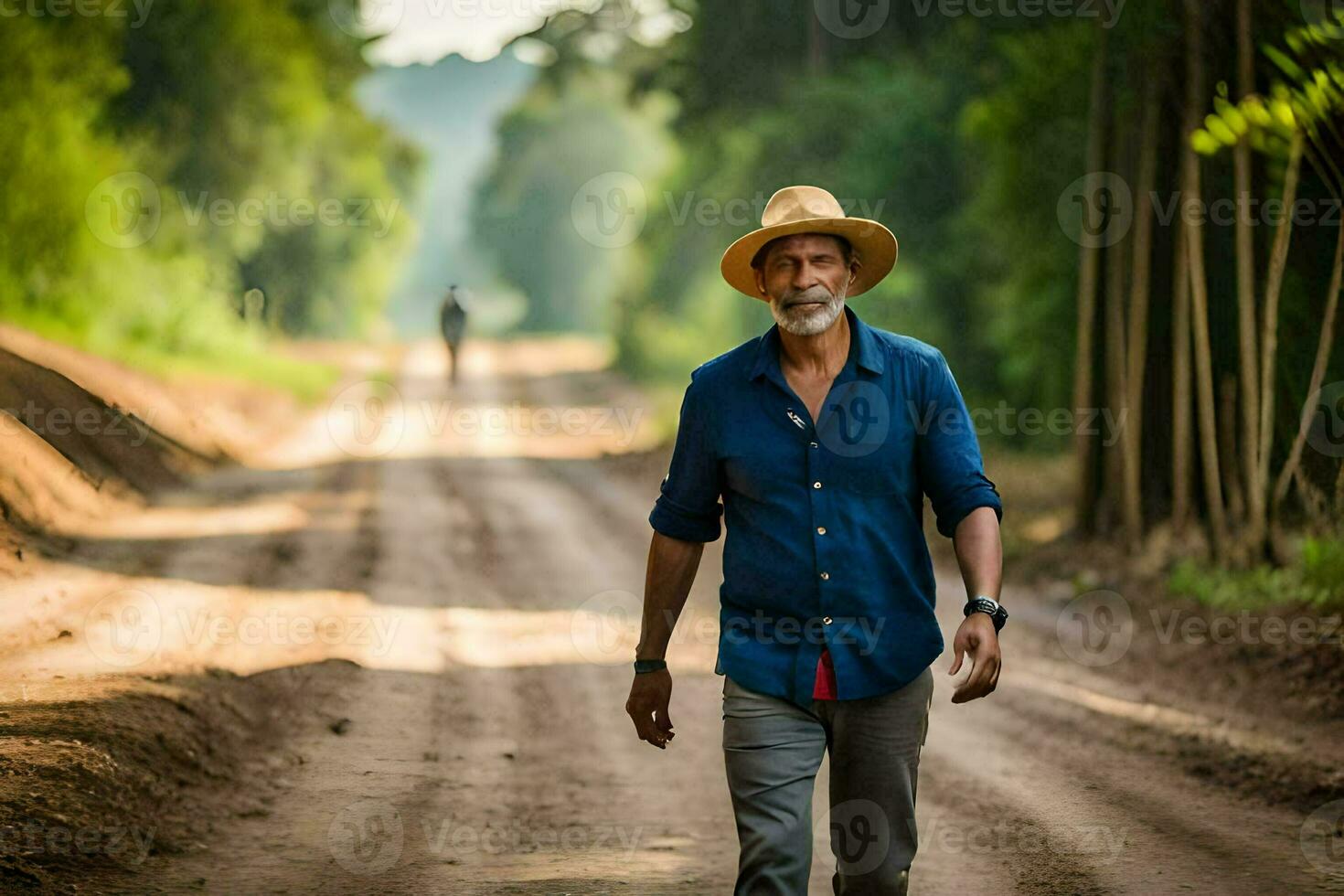 an older man wearing a hat walks down a dirt road. AI-Generated photo