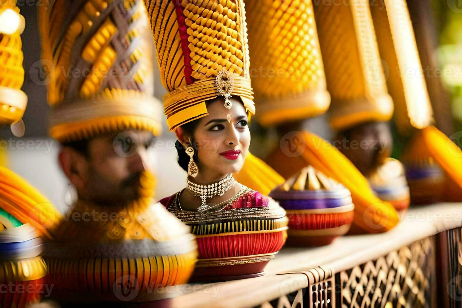 un mujer en tradicional indio vestir es posando para un foto. generado por ai foto