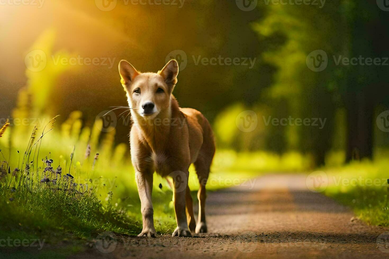a dog walking down a road in the sun. AI-Generated photo