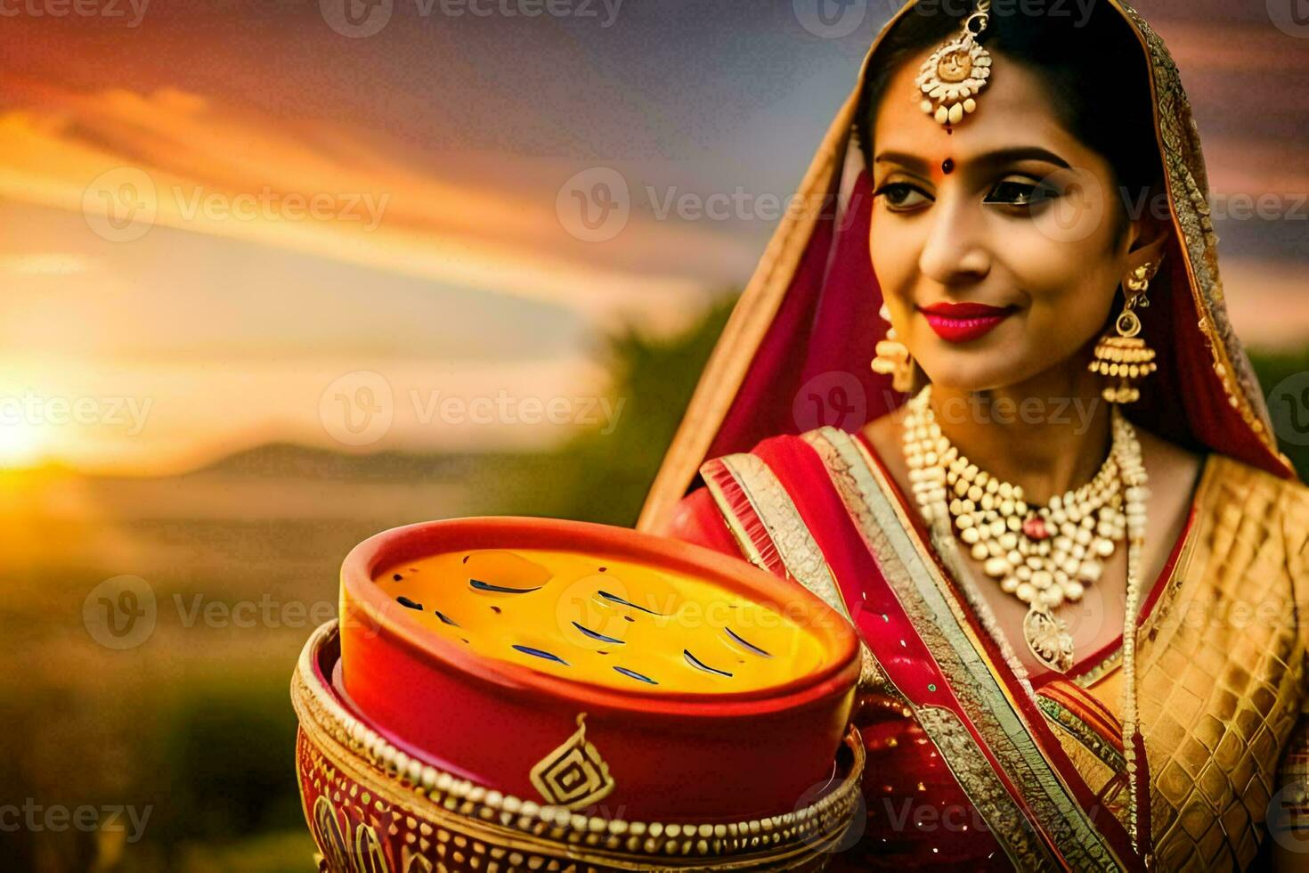 a woman in traditional indian attire holding a pot. AI-Generated photo