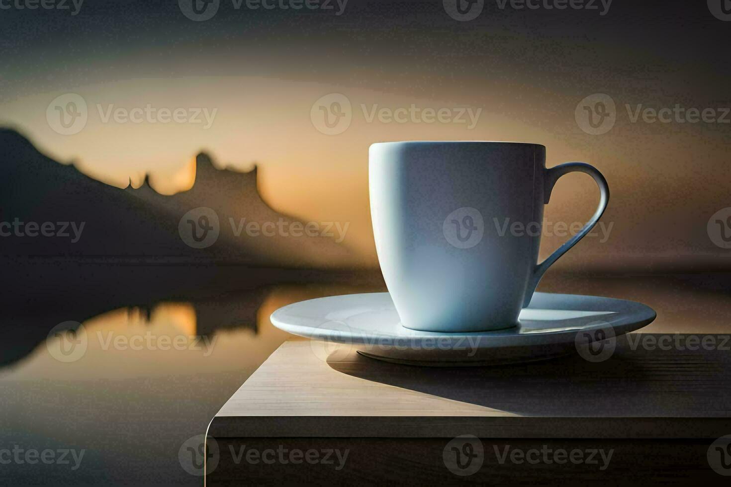 un taza de café en un mesa en frente de un lago. generado por ai foto