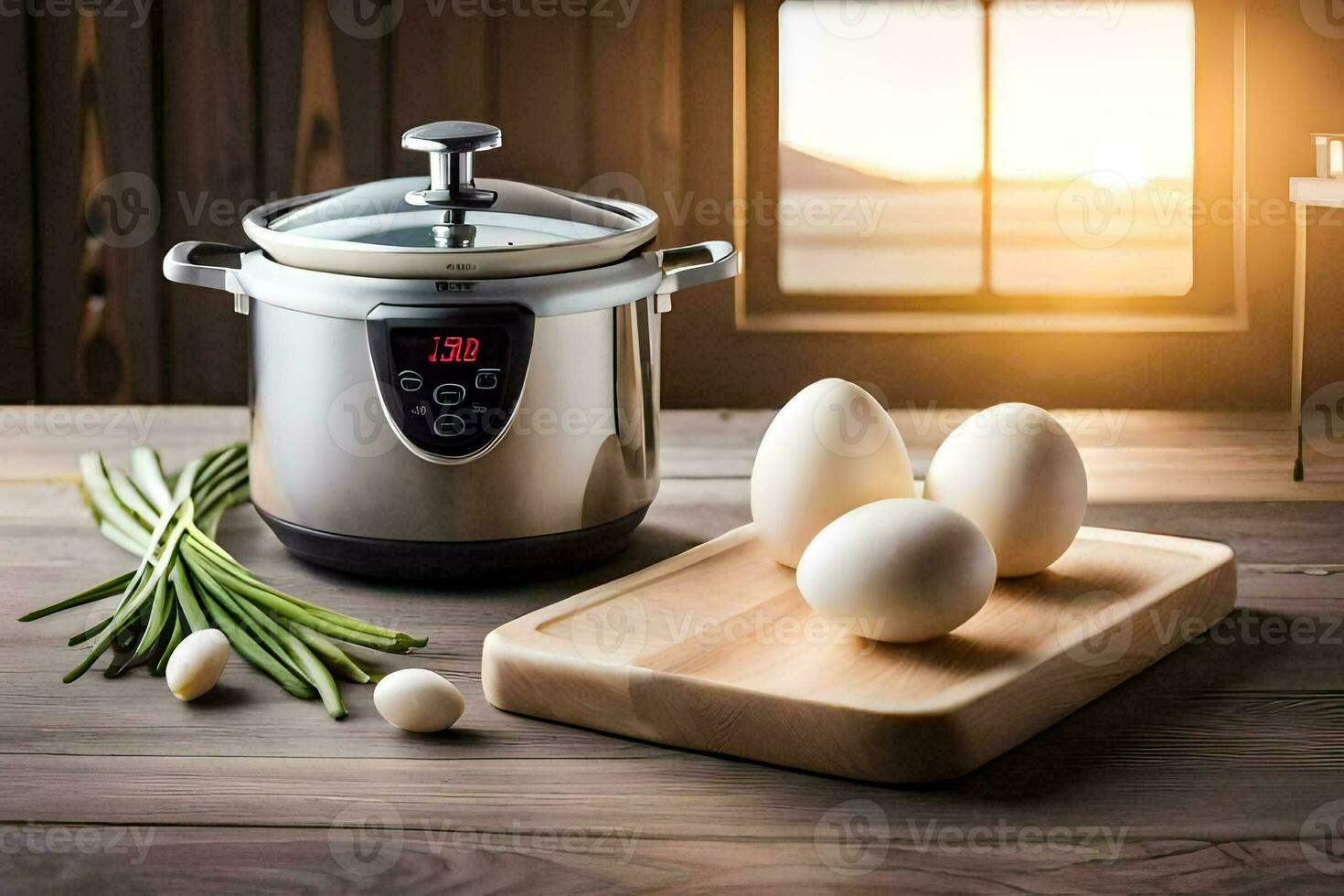 an electric pressure cooker with eggs and herbs. AI-Generated photo