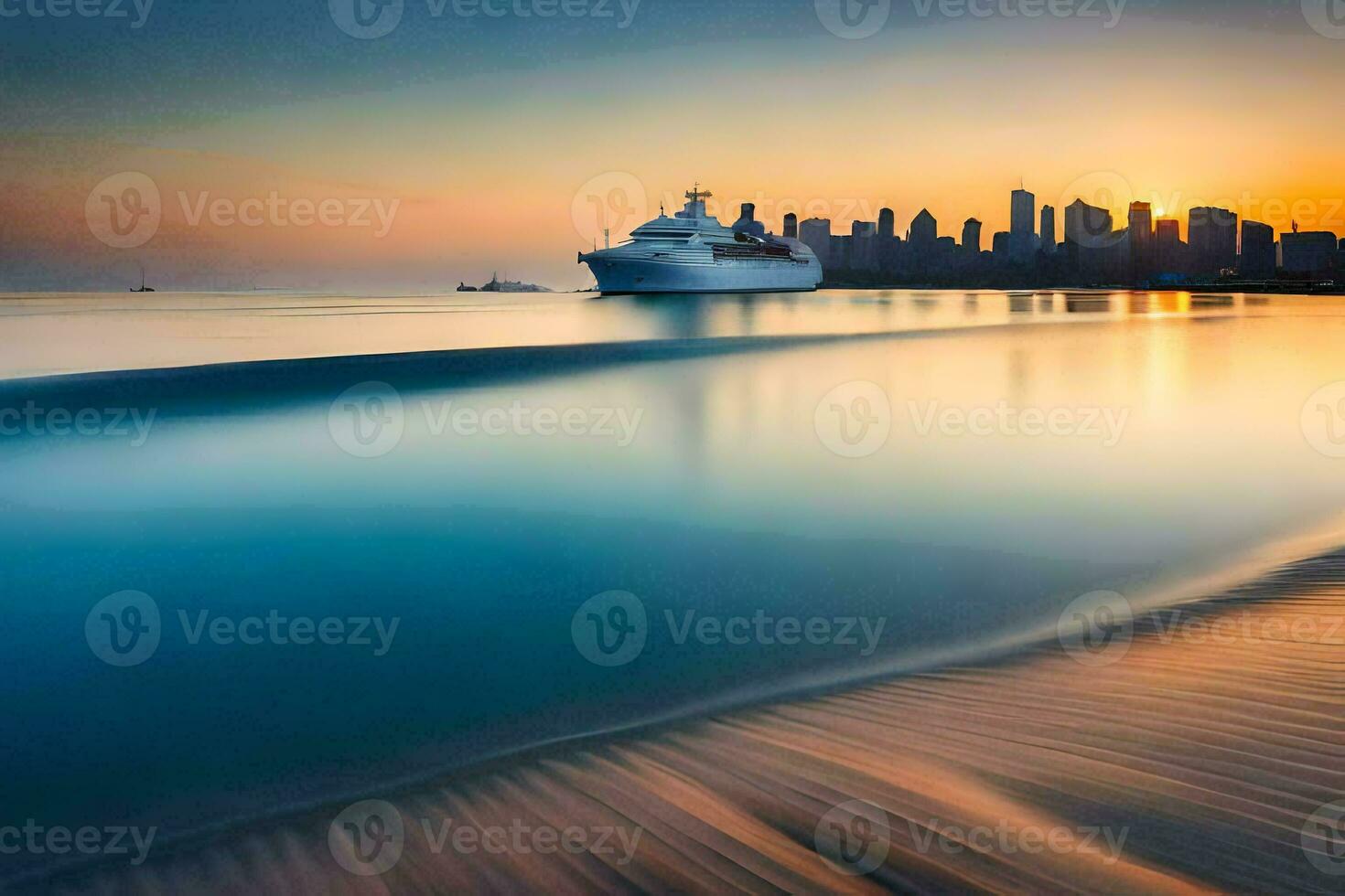 a cruise ship is sailing in the ocean at sunset. AI-Generated photo