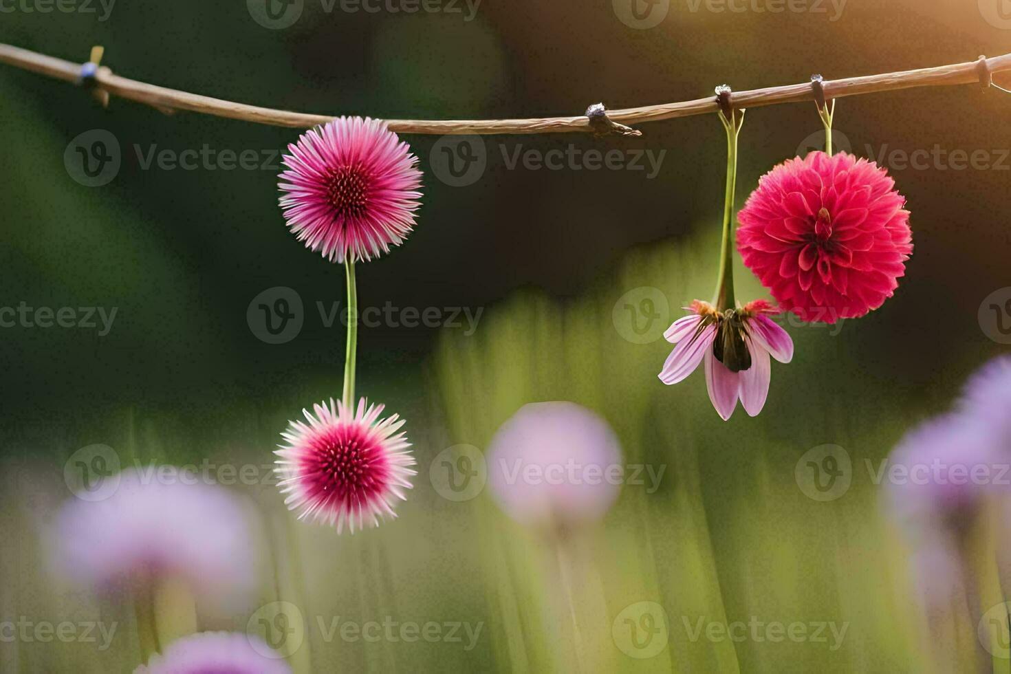 flowers hanging from a wire in a field. AI-Generated photo