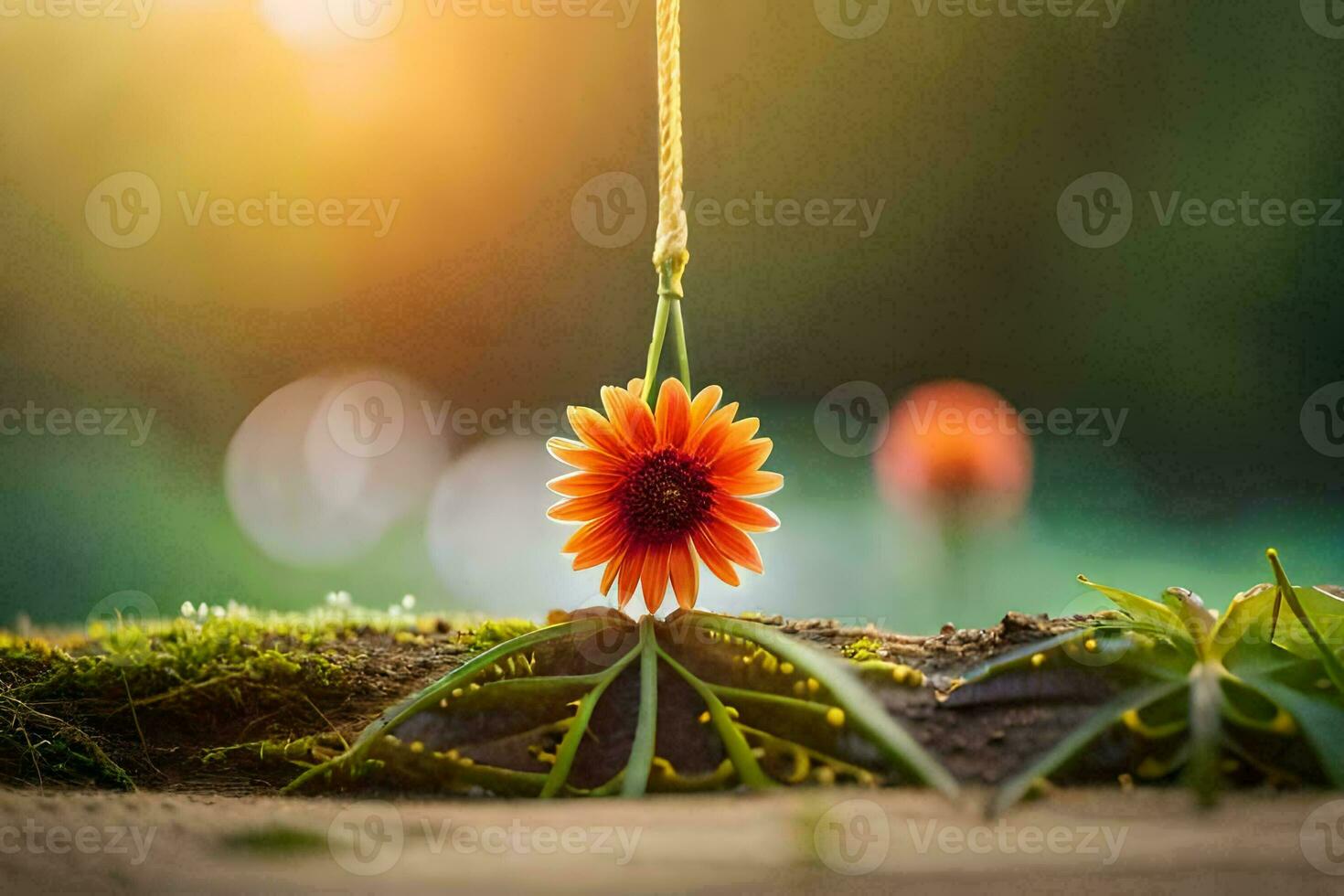 a flower hanging from a rope in the sun. AI-Generated photo