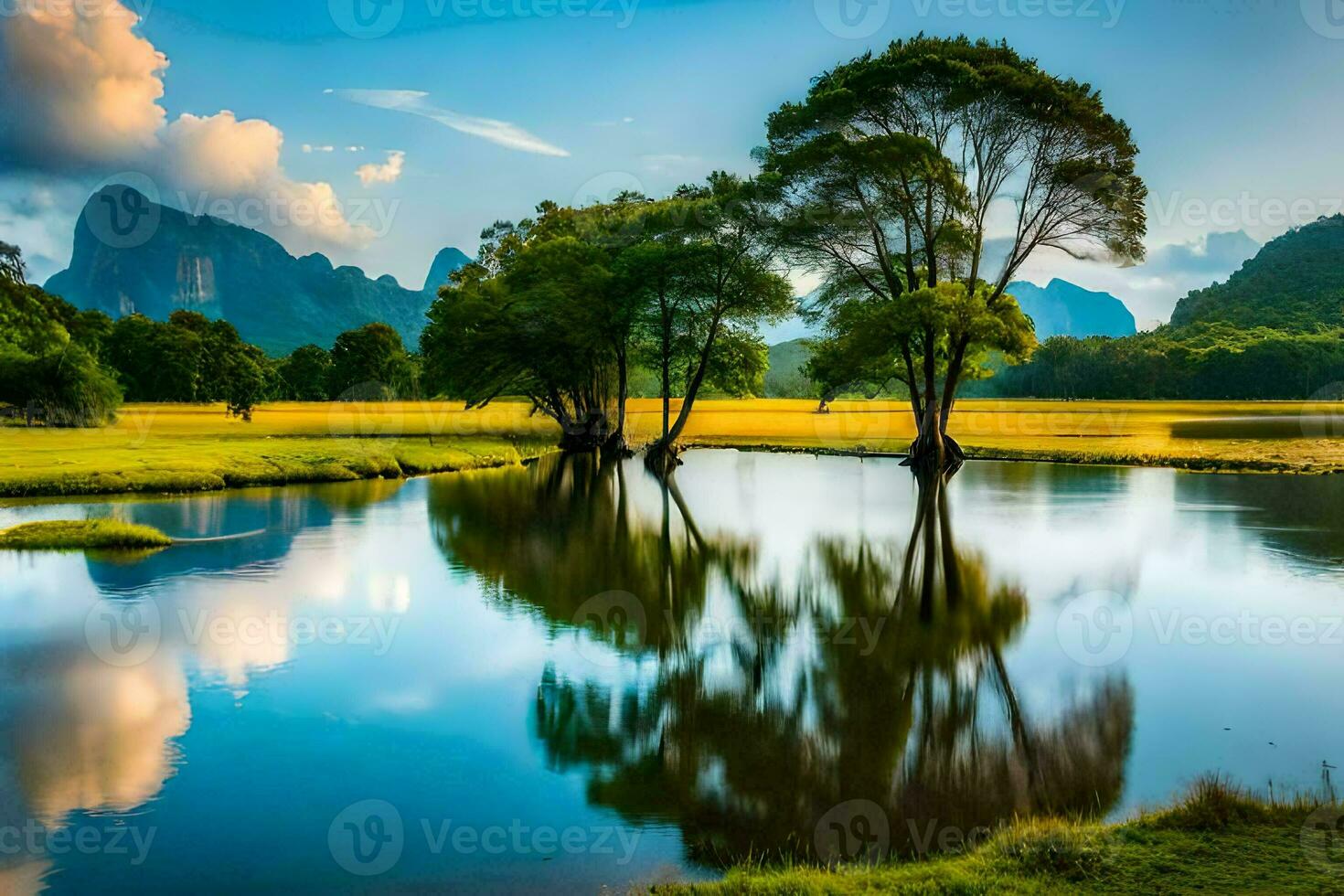 the mountains are reflected in the water. AI-Generated photo